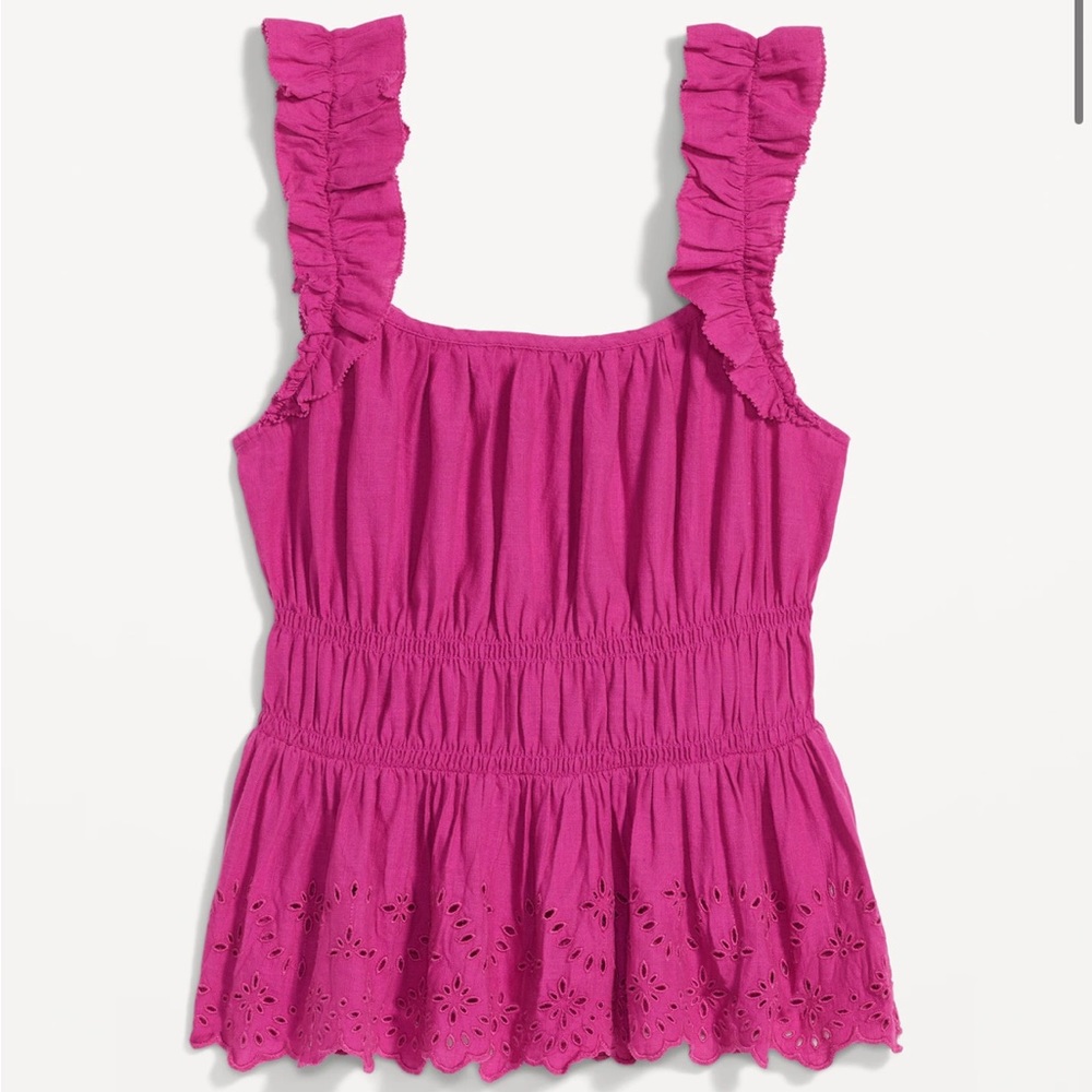 Sleeveless Waist-Defined Ruffle-Trimmed Embroidered Babydoll Blouse Dragon Fruit - Picture 5 of 9